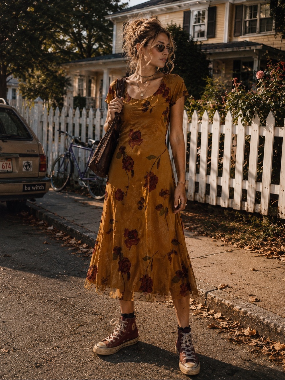 Vintage 90s Yellow Rose Floral Dress | Made in USA | Size 8 - Picture 3 of 12